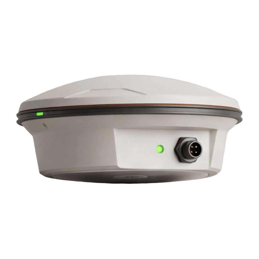 Concept render of the Northing RTK receiver: a compact graphite enclosure with a dome antenna cover and orange accent seam