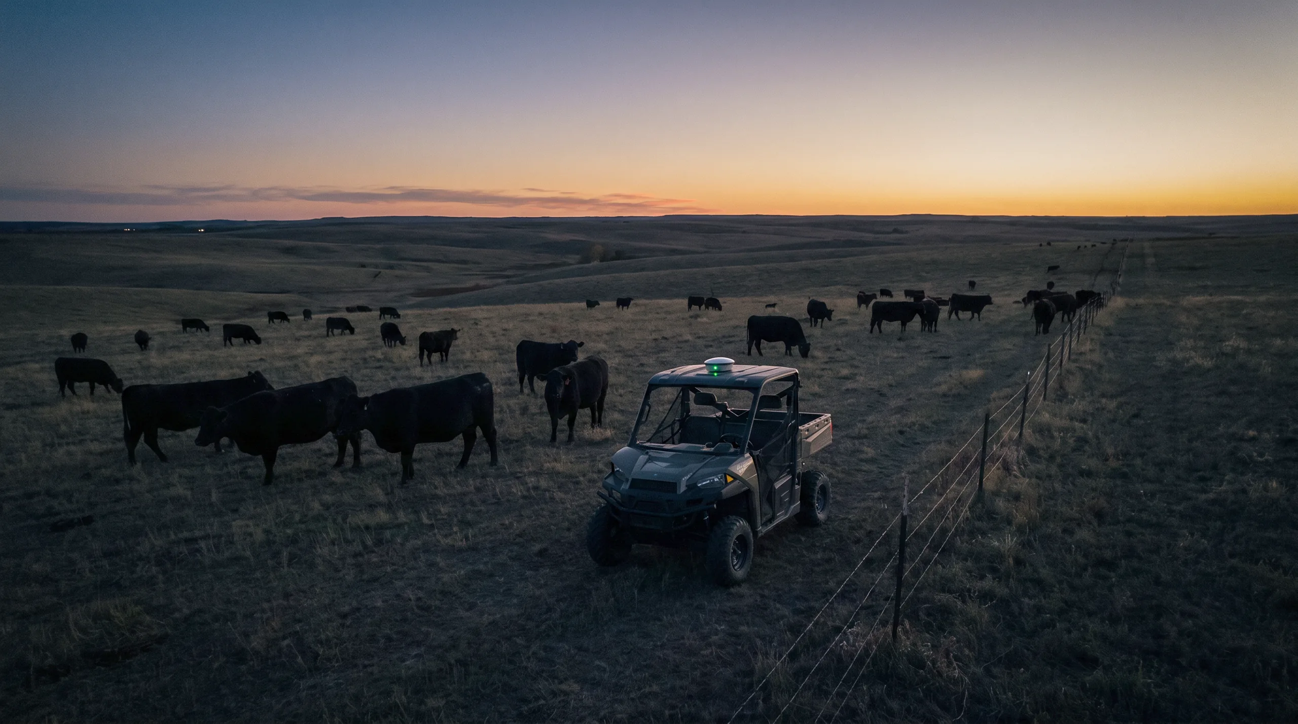 Black cattle grazing open rangeland at dusk, a utility vehicle with a Northing receiver on its roof parked beside a wire fence line running to the horizon