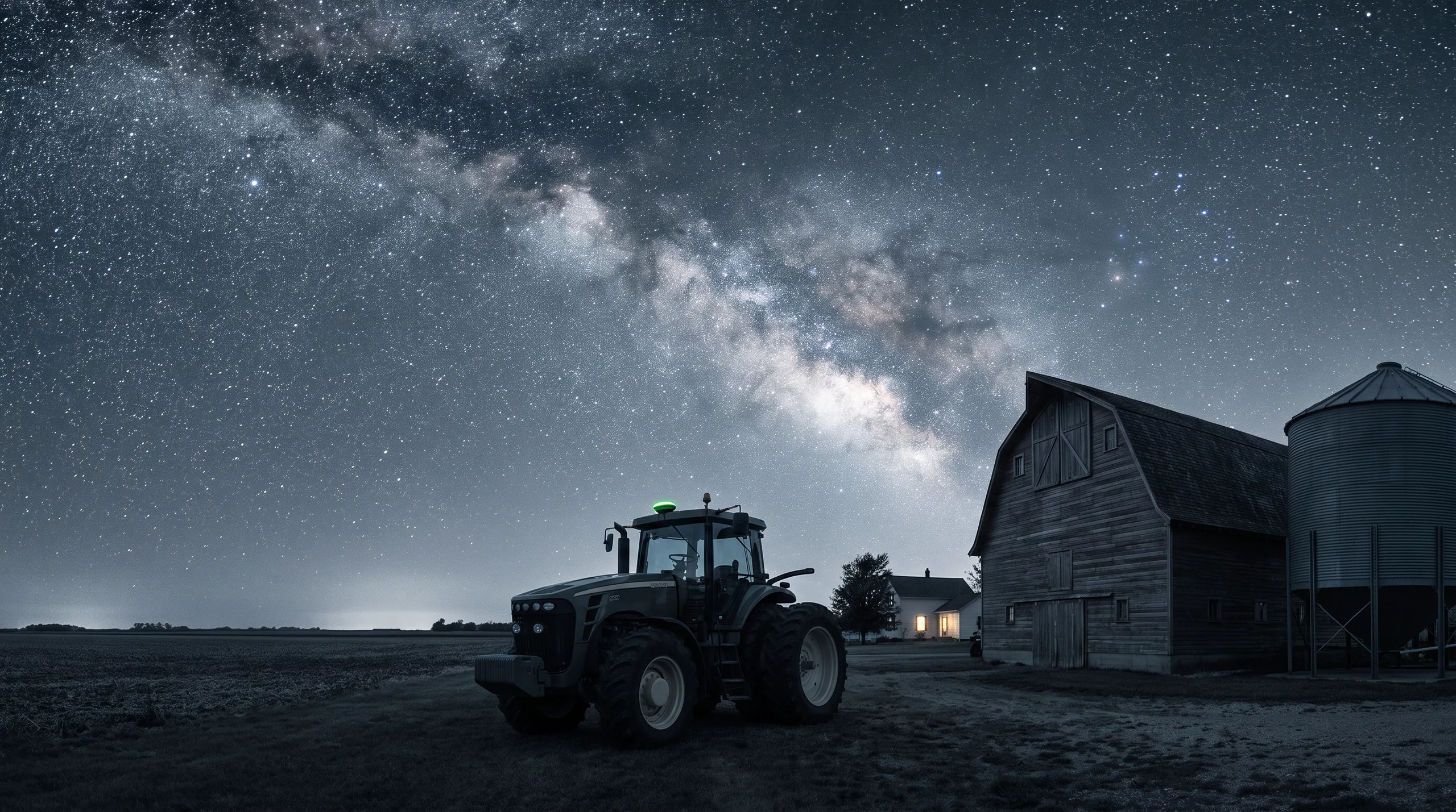 A tractor parked on a Midwest farmstead at night, a Northing receiver glowing on its cab roof beneath the Milky Way